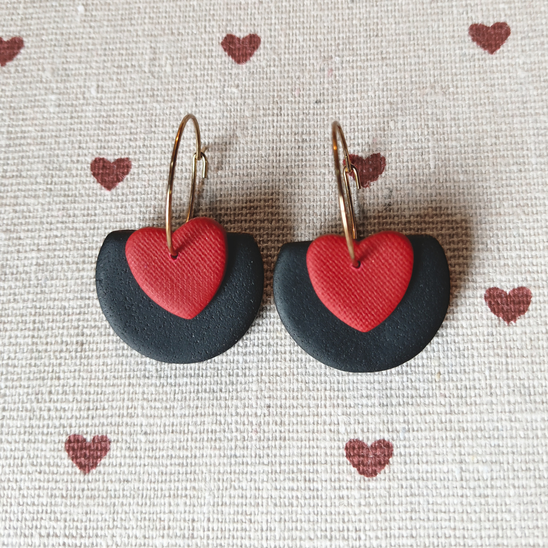 Pendientes Aro Semicirculo Corazón Rojo - 3 en 1